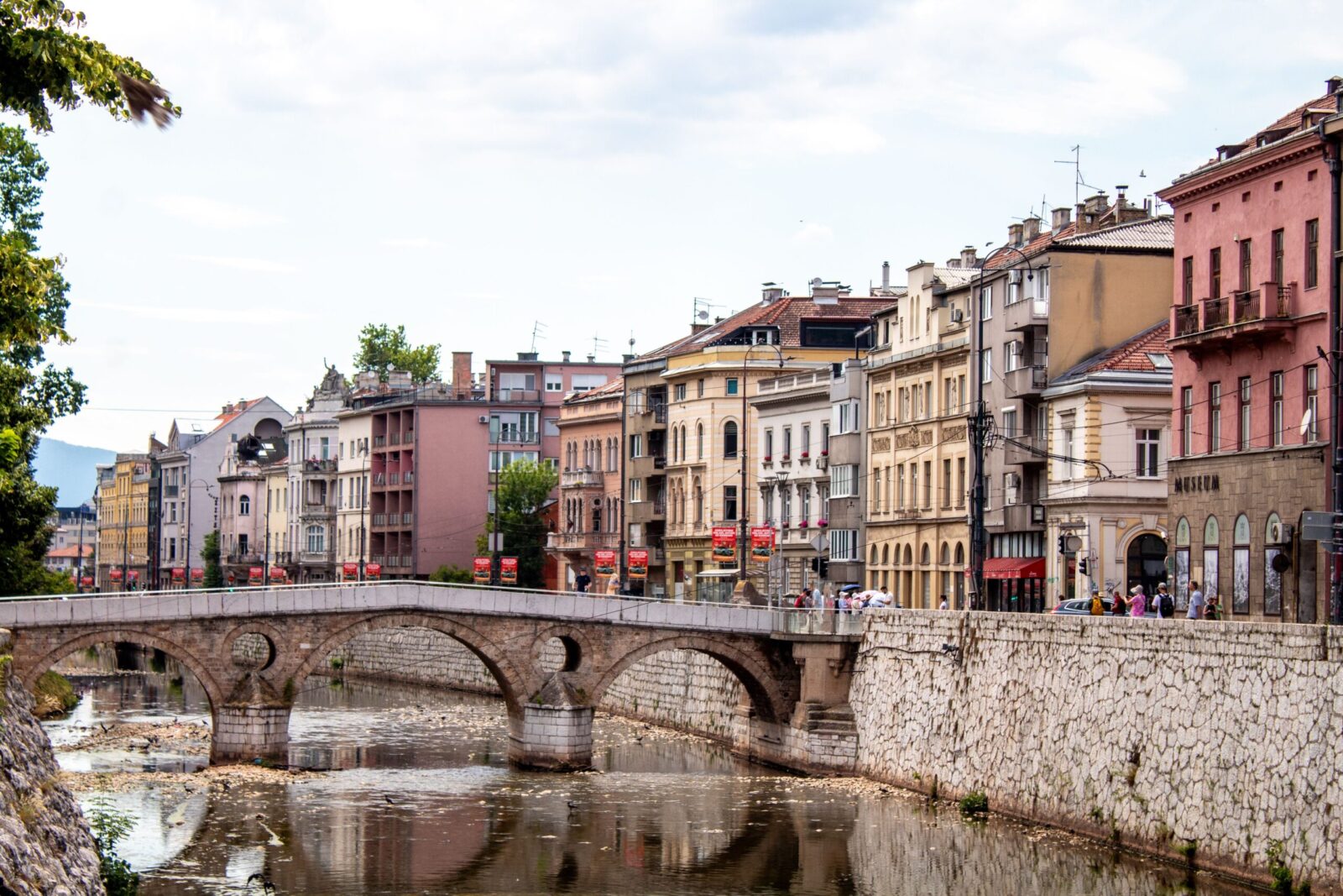 Historical view of the Latin Bridge and surrounding architecture in Sarajevo, Bosnia and Herzegovina.