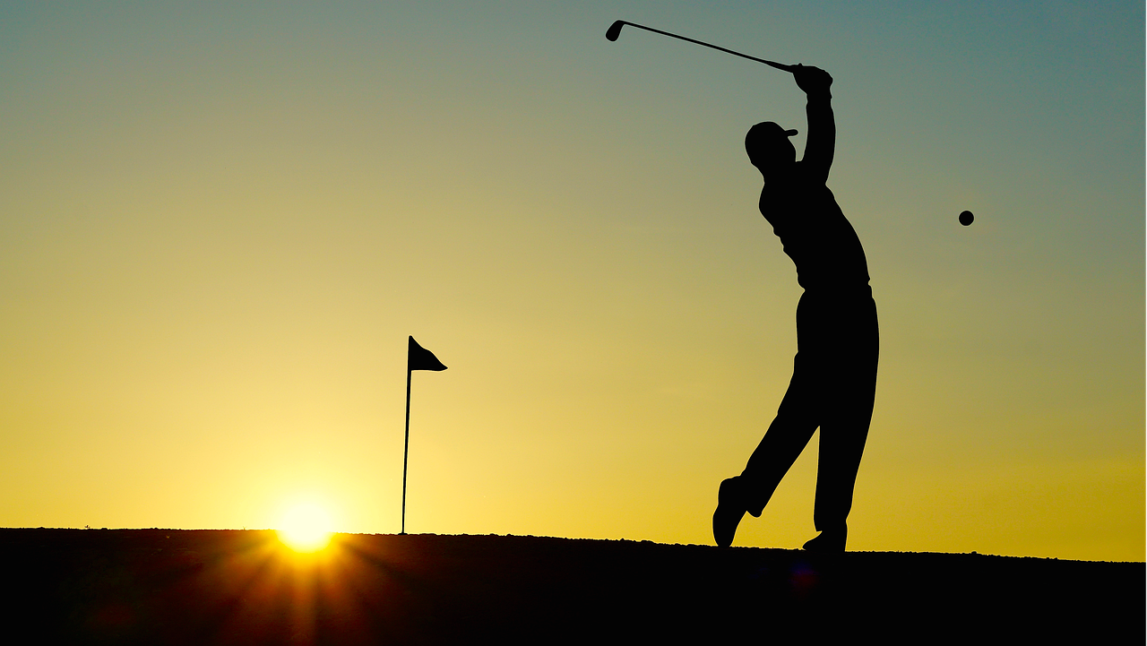 golf, golfed, sunset, sports, golfer, golf clubs, nature, single hole flag, outdoor, man, human, fitness, active, elegant